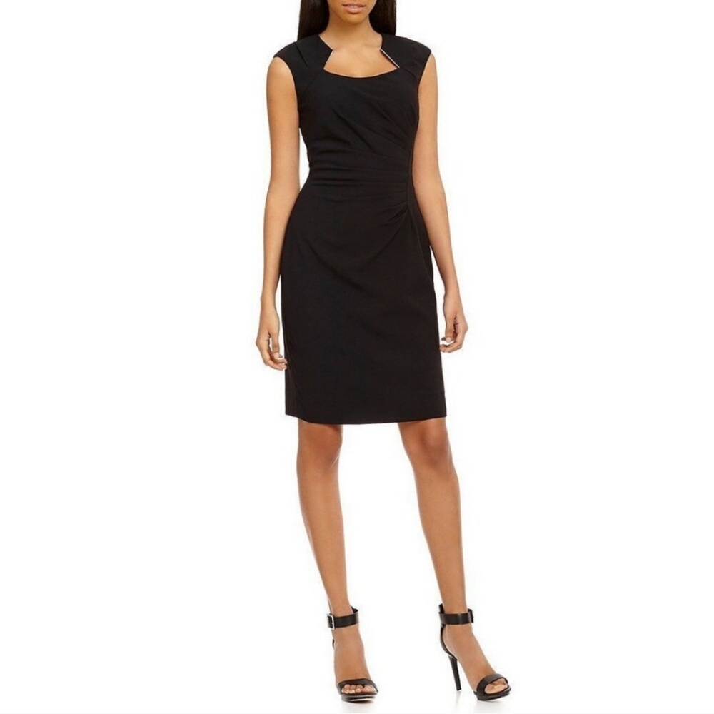 Calvin Klein Black Dress With Assymetrical Neckline, Ruched Waist Cap Sleeves